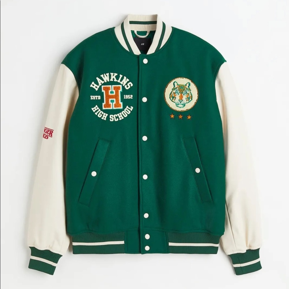 H&M x Stranger Things Hawkins Tigers Varsity Letterman Baseball Jacket Sz L NWT